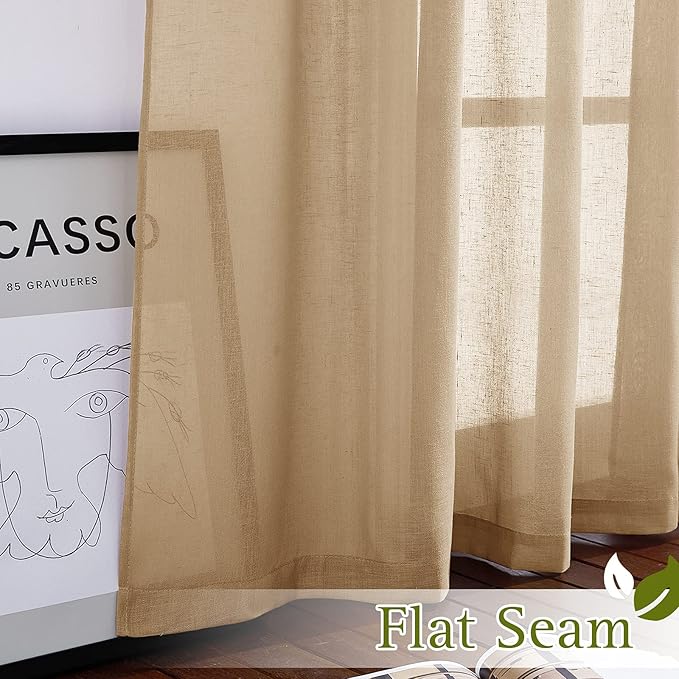 NICETOWN Linen Blend Semi Sheer Curtains for Boys Bedroom, Grommet Semitransparent Privacy with Light Filtering Window Drapes for Bedroom/Living Room, Camel, W36 x L63, 2 Pieces
