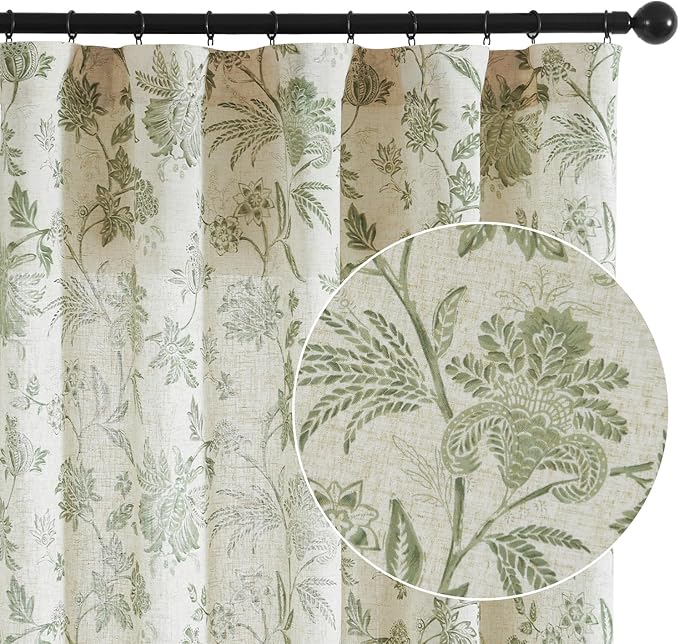 jinchan Linen Floral Curtains for Living Room with Printed Flower 90 Inches Long Light Filtering French Country Back Tab Rod Pocket Sage Green Window Curtain Set Farmhouse Drapes 2 Panels