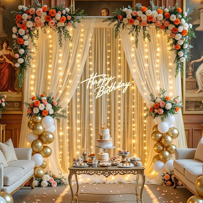 Champagne Sheer Backdrop Curtains for Parties Wedding Baby Shower Birthday Tulle Backdrop Drapes for Engagement Bridal Shower Christmas Photoshoot Background Decorations 10 ft X 10 ft, 2 Panels