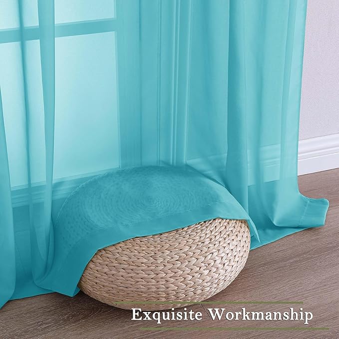 Lecloud Turquoise Sheer Curtains 63 Inch Length 2 Panels, Voile Light Filtering Living Room Curtains for Bedroom, Rod Pockets Solid Soft Drapes for Bathroom Home Office, Each Panel 59" W x 63" L