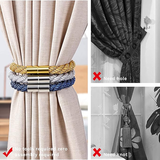 NICEEC 6 Pack Strong Magnetic Curtain Tiebacks Modern Simple Style Drape Tie Backs Convenient Decorative Weave Rope Curtain Holdbacks for Thin or Thick Home & Office Window Draperies (Green)