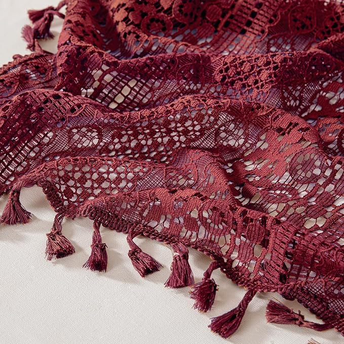 WAZZIO Boho Lace Curtains 84 Inches 2 Panel,Light Filtering Privacy Tassel & Geometry Crochet Semi Sheer Curtain Drapes for Bedroom Living Dining Room,Rod Pocket & Tassel,Burgundy Red