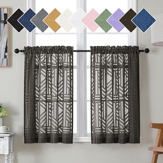 Simplebrand Chocolate Sheer Kitchen Curtains 36 Inch Length Tier Curtains 2 Panels, Light Filtering Geometric Jacquard Clip Textured Semi Sheer Short Window Curtains for Bathroom, 42x36 inch