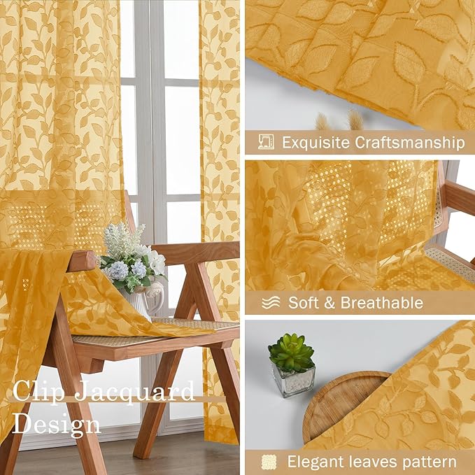 Chyhomenyc Gold Sheer Curtains 72 Inches Long 2 Panels Set, Light Filtering Tufted Textured Soft Airy Rod Pocket Elegant Leaf Window Treatment Drapes for Bedroom Living Room, 42" Wx72 L, 2PCS