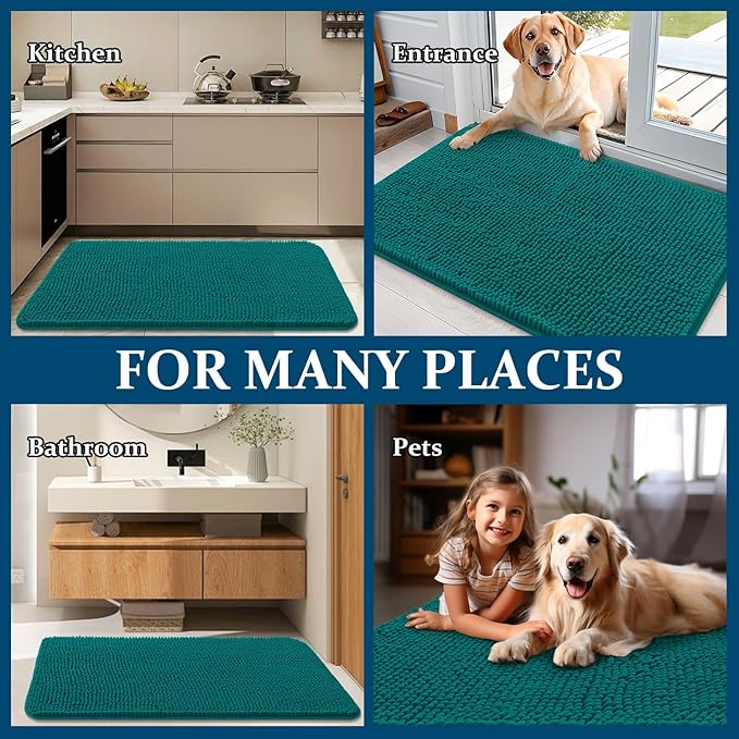 OLANLY Dog Door Mat for Muddy Paws 32x20, Absorbs Moisture and Dirt, Absorbent Non-Slip Washable Doormat, Quick Dry Chenille Mud Mat for Dogs, Entry Indoor Entryway Carpet for Inside Floor, Lake Blue