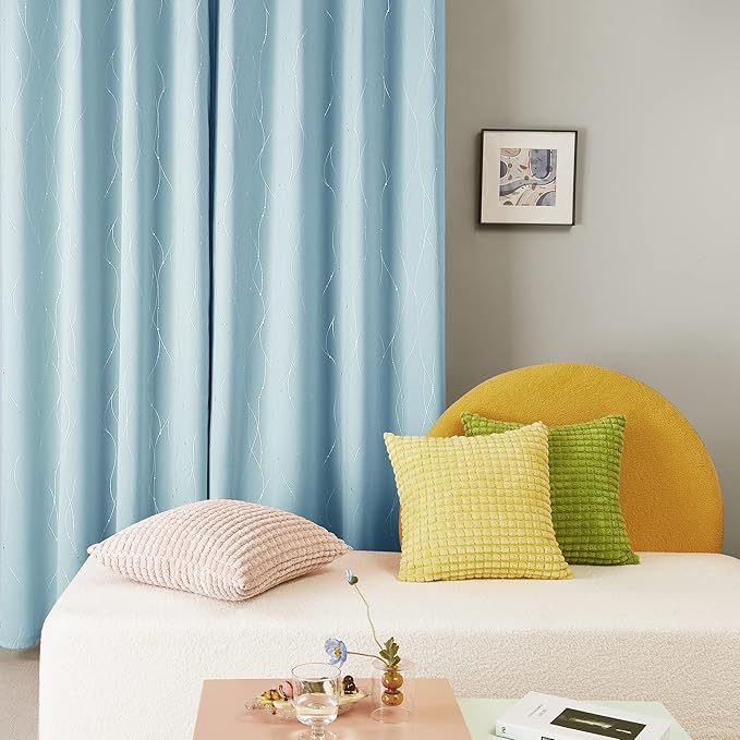 Deconovo Blackout Curtains, Thermal Insulated Soundproof Grommet Drapes, Wave Dot Foil Print, 52 x 63 Inch, Set of 2, Machine Washable Window Panel for Bedroom Living Room Nursery Kitchen, Light Blue