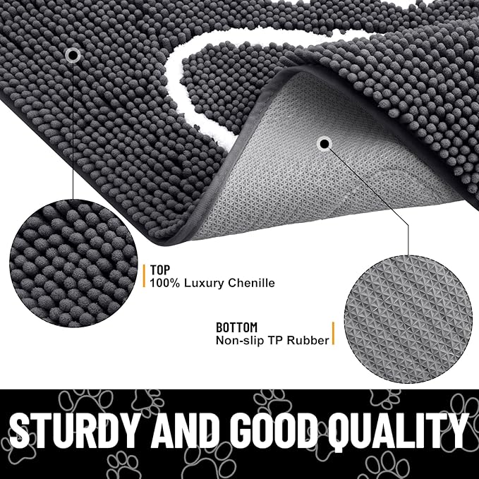 Smiry Dog Door Mat for Muddy Paws, Absorbent Dirt Trapper Non Slip Quick Dry Washable Chenille Mat for Mud Dogs, Entry Rug for Indoor and Outdoor (70x35 Inches, Dark Grey and White)