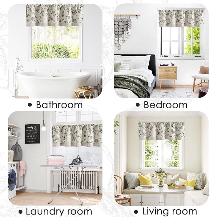 jinchan Floral Curtain Valance for Windows 16 Inch Linen Valance for Kitchen Living Room Rustic Cottage Farmhouse Flower Butterfly Curtain Rod Pocket 1 Panel Double Layer Blackout Black on Beige