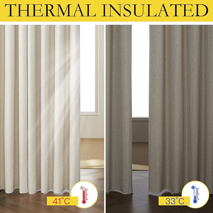 NICETOWN Farmhouse Style 100% Blackout Natural Linen Warm Curtains 90 inches Length for Winter, 2 Panels, 52" W, Cold Reducing Window Draperies with Thermal Insulated Liners for Dining Room