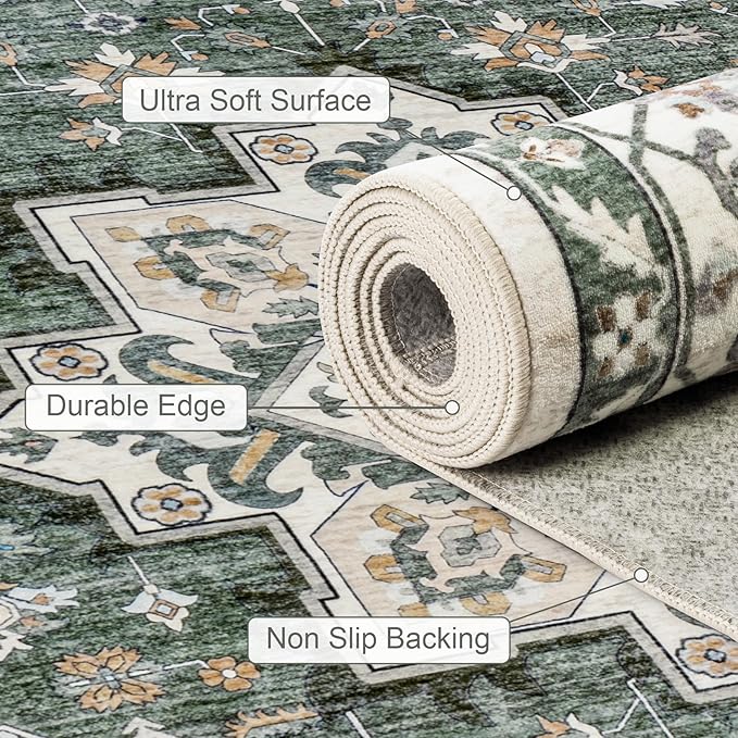 6x9 Area Rugs Living Room Rug: Washable Vintage Boho Medallion Rug No Slip Stain Resistant Soft Carpet Indoor Large Carpets for Bedroom Dining Room Farmhouse Nursery Hallway Home Office Green Ivory