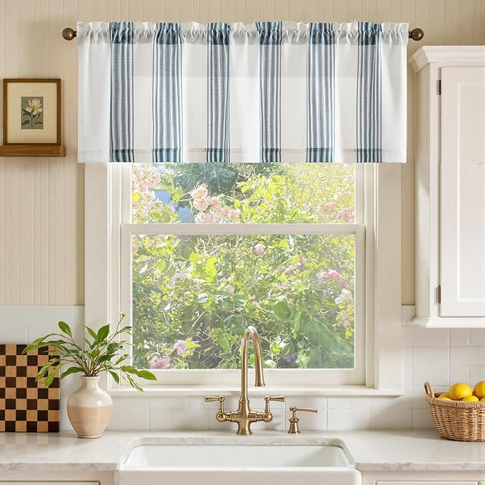 jinchan Striped Linen Valance Curtain 16 Inch Vertical Striped Valance for Kitchen Bathroom Light Filtering Rod Pocket Cottagecore Farmhouse Semi Sheer Short Window Curtain 1 Panel Blue