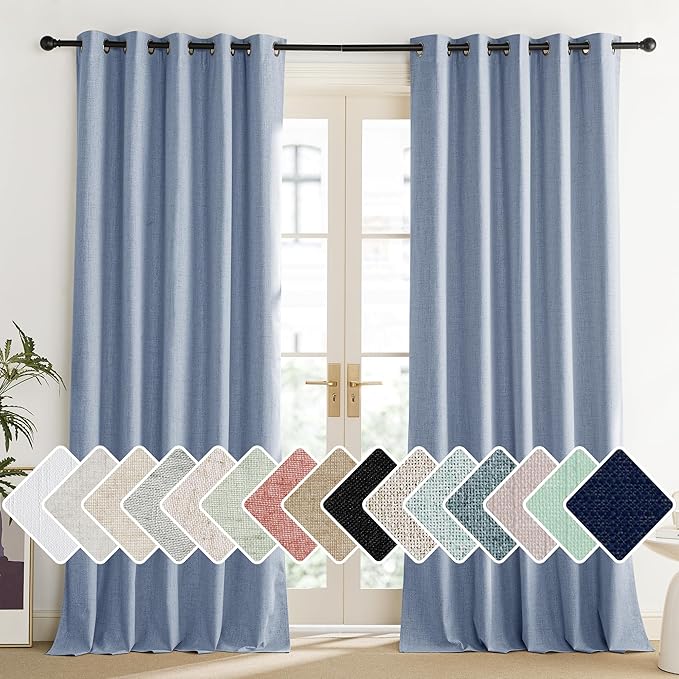 NICETOWN Stone Blue Vintage Linen 100% Blackout Curtains for Living Room, Thermal Insulated Curtains 108“ Long, Noise Reducing Window Treatment Drapes for Home Office, 62" Wide Per Panel, Set of 2