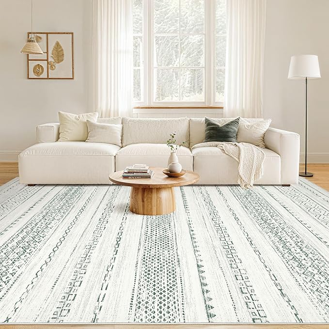 Nakagishi Green Rug Living Room 5x8: Washable Boho Large Neutral Farmhouse Soft Area Rugs Modern Stain Resistant Moroccan Indoor Non-Slip Floor Carpet for Bedroom Nursery Kids Playroom Office