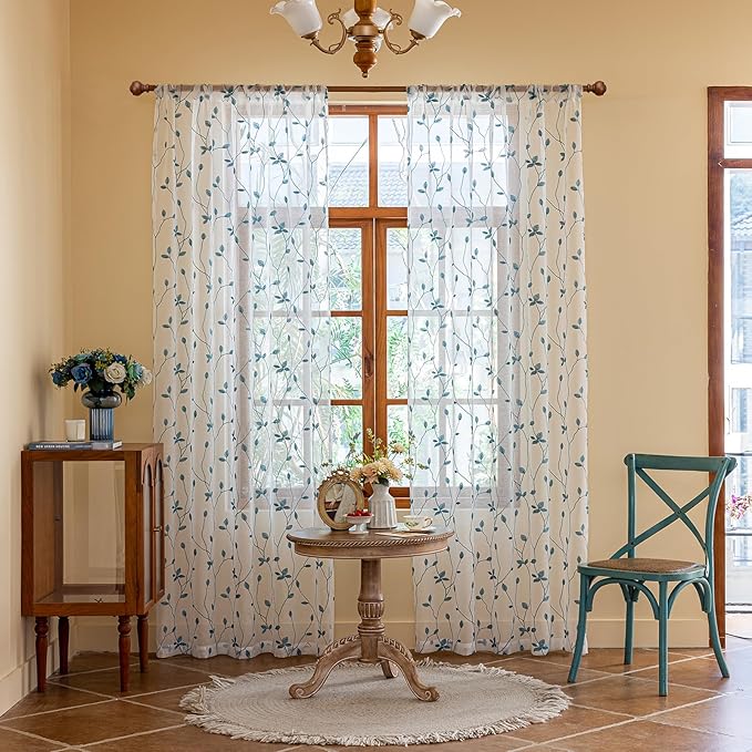 AmHoo 2 Panels Embroidered Leaf Pattern Semi Sheer Curtains Foliage Floral Voile Window Draperies Treatment for Bedroom Living Room Rod Pocket White Teal 53 x 84 Inch