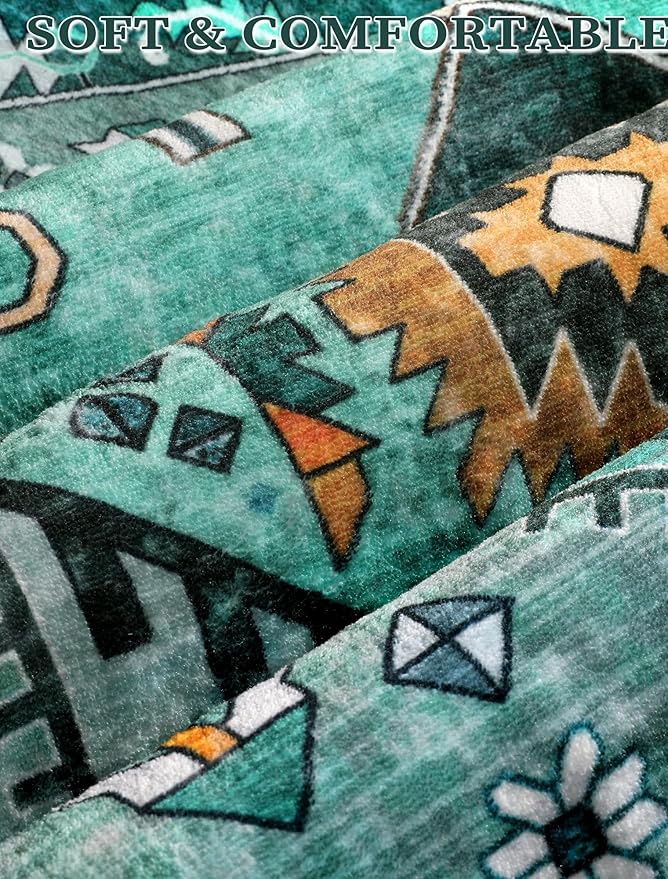 SERISSA Boho Washable Runner Rug, 2'6"x8' Rug Runner Non-Slip Vintage Teal Hallway Kitchen Runner Rug Ultra Soft Print Distressed Tribal Floor Carpet Runner for Bedroom Bathroom Laundry Room