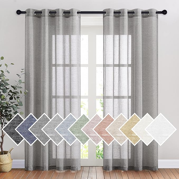 NICETOWN Sheer Curtains Flax Texture for Bedroom, Vintage Grommet Top Linen Textured Semitransparent Privacy Window Treatment Light Filter for Living Room, 52" W x 84" L, Set of 2, Charcoal Grey