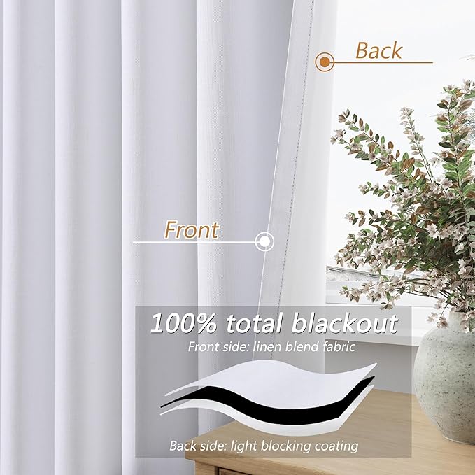 Guken White 100% Blackout Linen Curtains 70 Inch Wide by 96 Inch for Living Room Bedroom Back Tab Thermal Insulated Black Out 1 Drapes Room Darkening Window Curtains,1 Panel