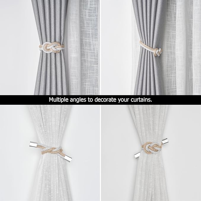NICEEC 4 Pack Mini Magnetic Curtain Tiebacks Nordic Simple Style Drape Tie Backs Elegant Hand Weave Rope Knot Decorative Curtain Holdbacks for Home & Office Thin Window Drapery (Beige & White)