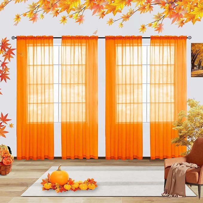 youleyar Solid Sheer Rod Pocket Curtain Voile Draperies 4 Panels White Beige Black Grey Ivory 52 Inch Width 90 Inch Long 1 Pair for Kitchen Bedroom Children Living Room Yard(Orange,52 Wｘ90 L)