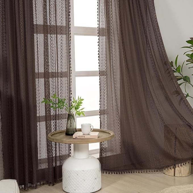 WAZZIO Boho Lace Curtains 63 Inches 2 Panel,Light Filtering Privacy Tassel & Geometry Crochet Semi Sheer Curtain Drapes for Bedroom Living Dining Room,Rod Pocket & Tassel,Chocolate Brown