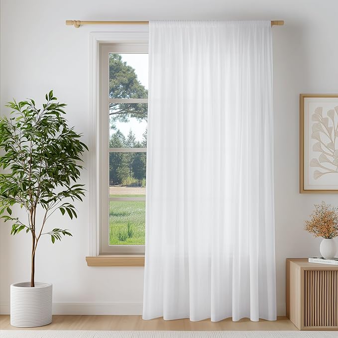 FMFUNCTEX Sheer Non-See-Through White Curtains for Bedroom, Sliding Door Curtains 84 Inches Long Privacy Window Curtain Drapes for Living Room, Patio Glass Door Extra Wide Curtain, Rod Pocket 1 Panel