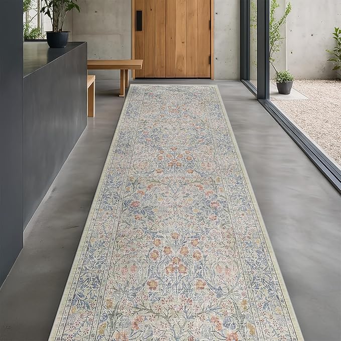 Hazo Haus Boho 3x16 Wide Hallway Runner - Beige Blue and Purple, Washable Low Pile Non Slip Stain Resistant 16ft Runner Rug for Long Kitchen, Hall Way, Floral Forest Decor