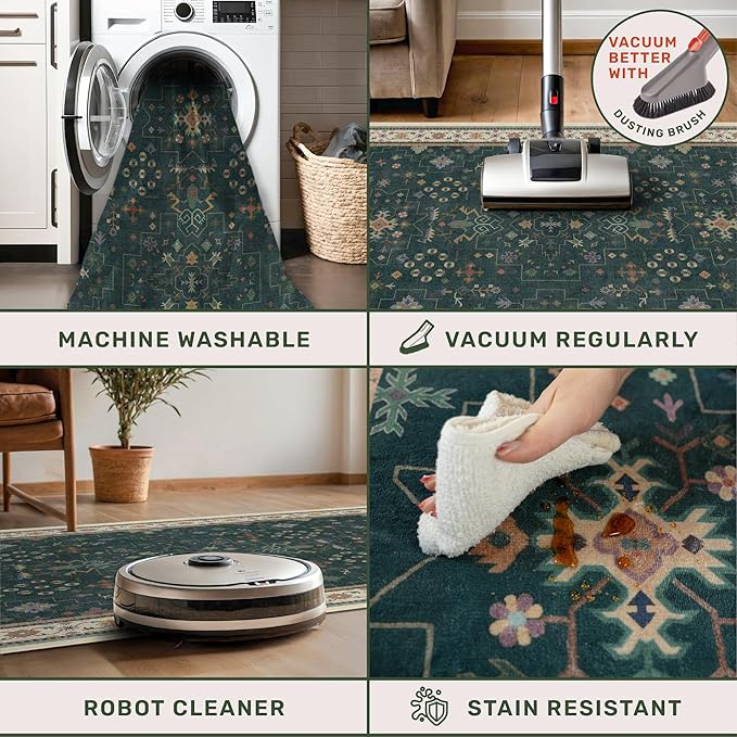 Hazo Haus Vintage Dark Green 6x8 Dining Room Rugs for Under Kitchen Table - Washable Livinig Room Rug - Unique Floral Pastel Low Pile Non-Slip Area Rugs for Bedroom