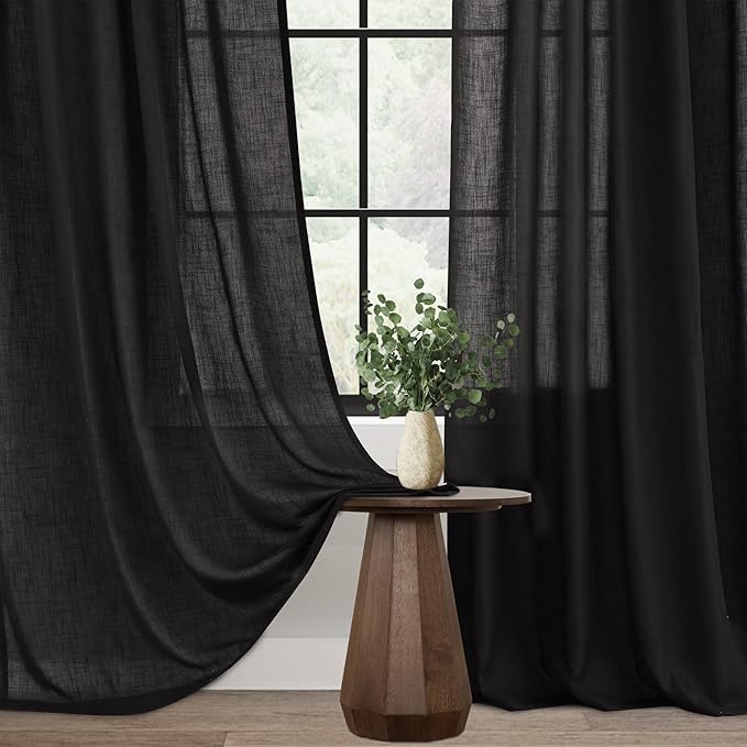 Black Linen Curtains 63 inches Long for Bedroom Back Tab Light Filtering Privacy Semi Sheer Black Curtains Living Room Boho Rustic Farmhouse Cotton Textured Gauze Curtain 2 Panel Set