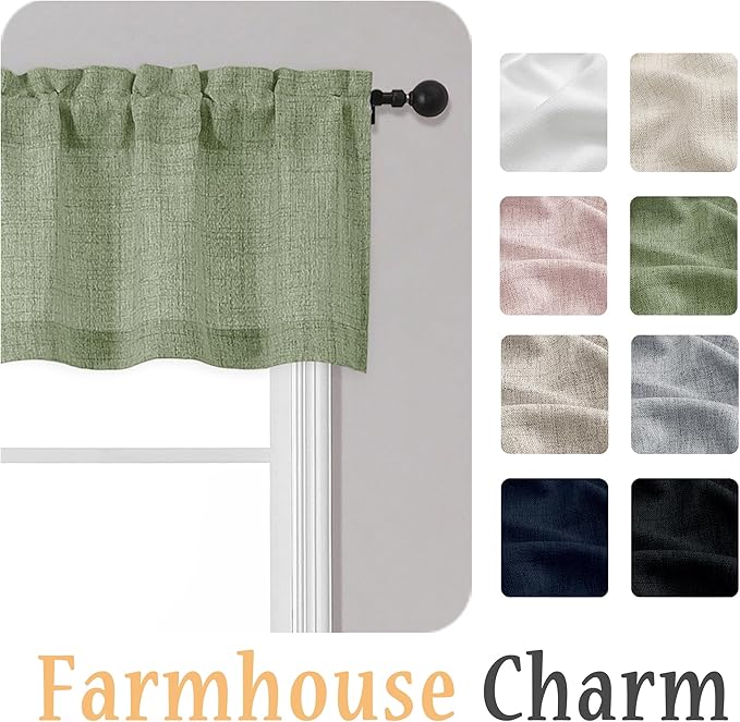 OWENIE Sage Green Valances for Windows 1 Pcs 20 Inch Length, Light Filtering Textured Short Small Valance Curtains for Bathroom Basement Living Room, Half Window Curtains Over Sink, 60" W by 20" L