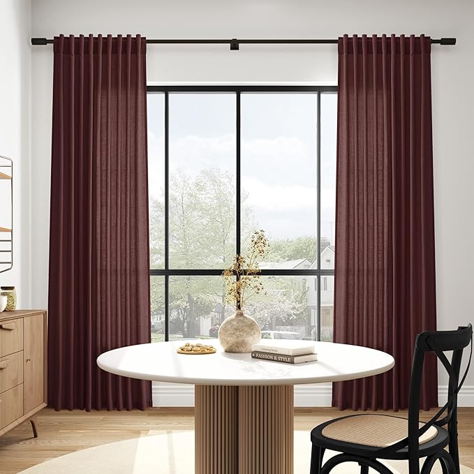Nanspring Reddish Brown Linen Blend Light Filtering Back Tab Curtains 102 Inches Long, Semi Sheer Privacy Drapes for Living Room & Bedroom, 52x102 inch, 2 Panels
