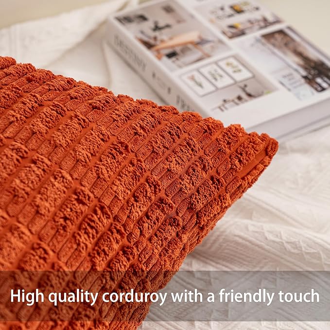 Pack of 2 Corduroy Decorative Throw Pillow Covers 22x22 Inch Soft Striped Pillow Covers Modern Farmhouse Home Decor for Sofa Living Room Couch Bed（Wine Red）
