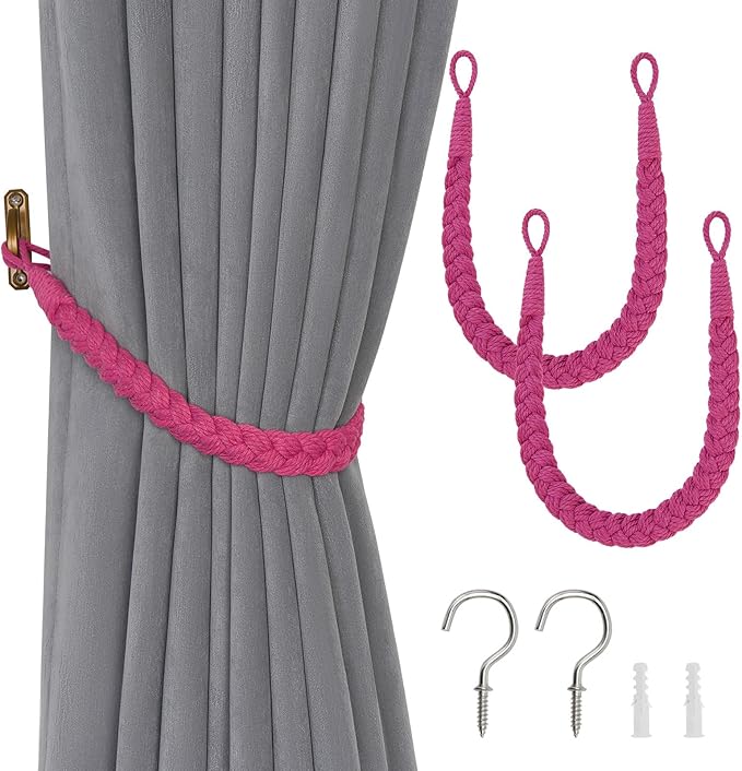 NICEEC 2 Pack Natural Cotton Rope Curtain Tiebacks Elegant Boho Style Decorative Drape Tie Backs Soft Hand-Woven Rope Curtain Holdbacks with Metal Hook for Home & Office Drapery (Rose Red)