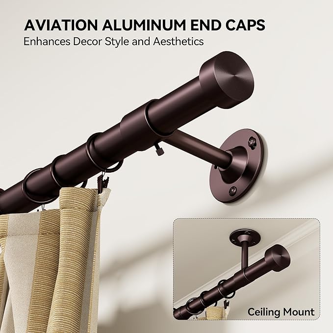 YaFex Heavy Duty Curtain Rods 32-90Inch, 1 Inch Adjustable Bronze Curtain Rod for Windows, Long Window Treatment Rods with Aluminium Finials, Easy Installation