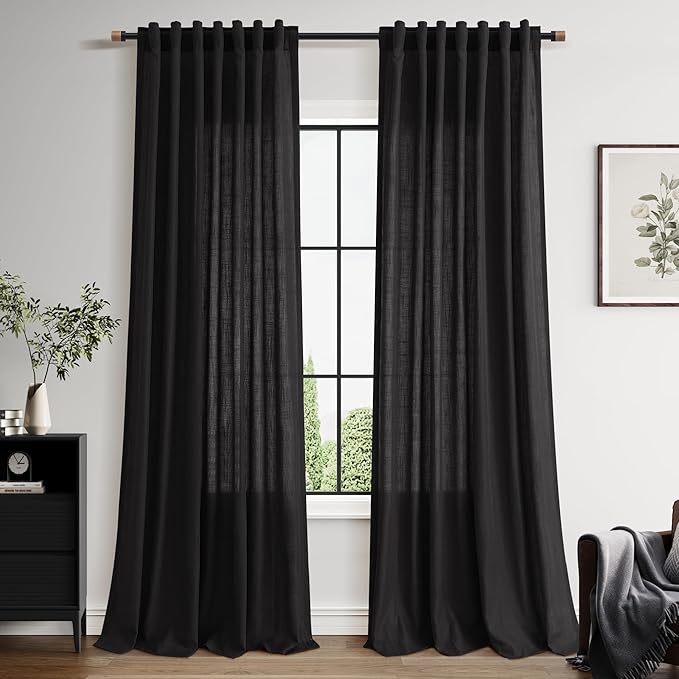 Vintage Black Linen Curtains for Living Room 120 Inches Long Light Filtering Semi Sheer Curtain Back Tab Floor to Ceiling High Window Gothic Vintage Decor Drapes for Bedroom Office 52x120,2 Panels