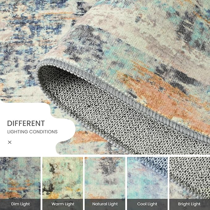 Ompaa Living Room Rug 8x10 Blue Area Rugs Machine Washable Abstract Boho Large Carpet Non-Slip Non-Shedding Faux Wool Indoor Vintage Rugs for Bedroom, Classroom, Dining Room, Kids Playroom