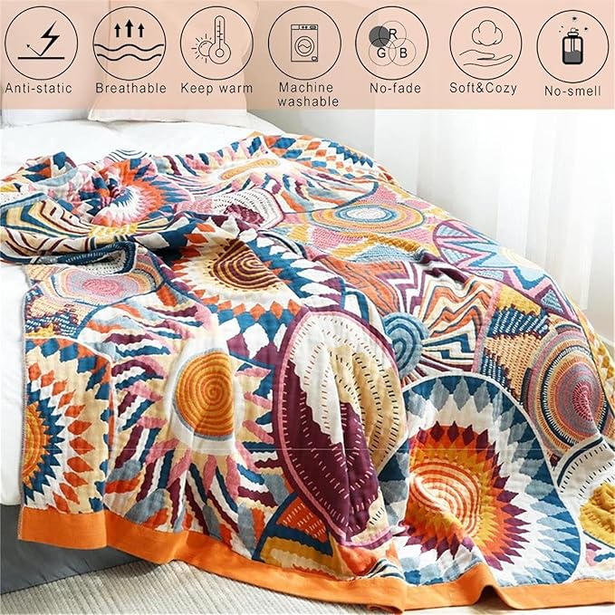 MSGKV Boho Throw Blanket for Bed 100% Cotton Blankets 90''x98'' Decorative Spring Couch Throws Breathable Blanket Gifts for Women