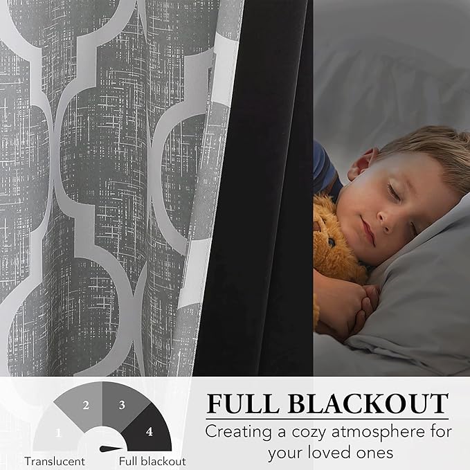 Beauoop 100% Blackout Curtains 96 Inches Long 2 Panels for Bedroom Living Room Grey Moroccan Geo Room Darkening Thermal Insulated Soundproof Rod Pocket Back Tab Window Treatments Drapes, 50x96