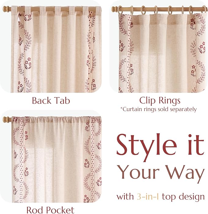 jinchan Belrose Linen Curtains for Bedroom Floral Curtains 84 Inch Length Linen Blend Burgundy Red Embroidered Drapes Farmhouse Flower Patterned Drapes for Living Room Window Treatments Set 2 Panels