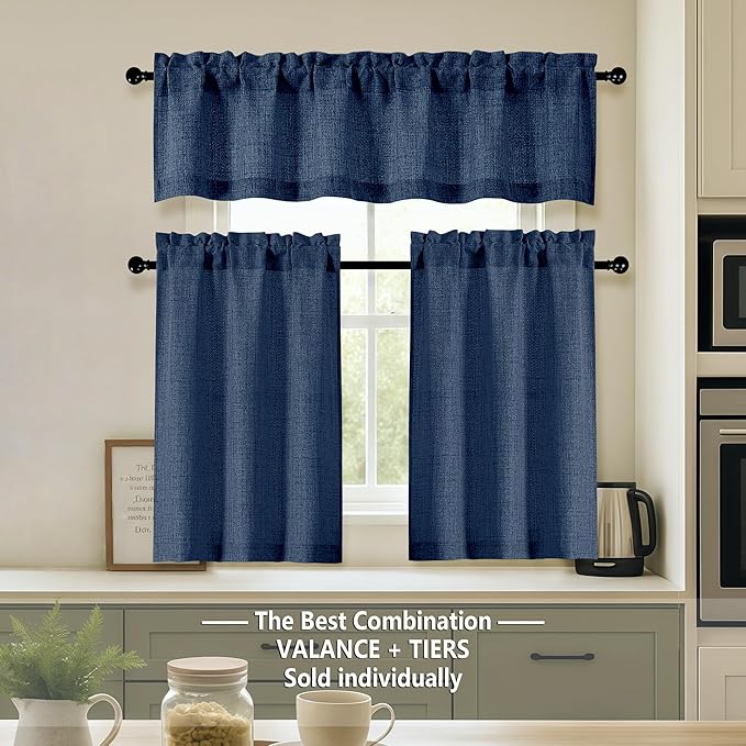 OVZME Navy Blue Valance for Windows, Light Filtering Faux Linen Textured Small Short Valance Kitchen Curtain, Dual Rod Pocket Top Short Window Curtain for Bathroom Basement Farmhouse, 1 Piece, 60Wx16L