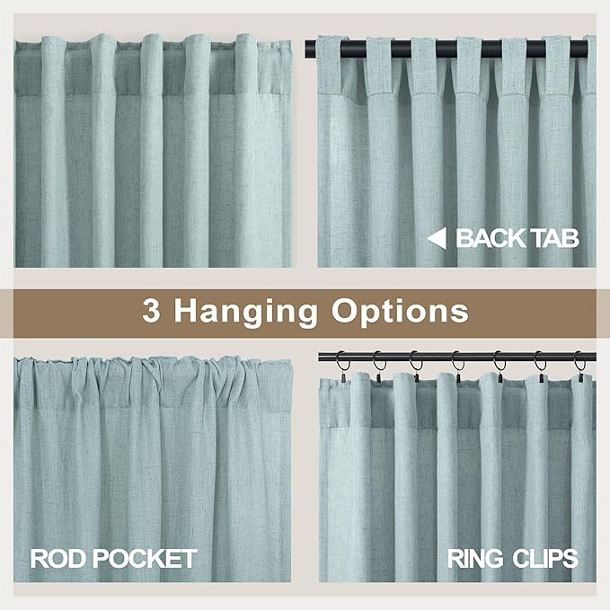 Teal Curtains 54 Inch Length for Master Bedroom 2 Panels Back Tab Pocket Blue Green Linen Semi Sheer Mist Seafoam Curtains for Living Room Summer Cabin Coastal Beach Decor Dusty Aqua Sea Green 52x54