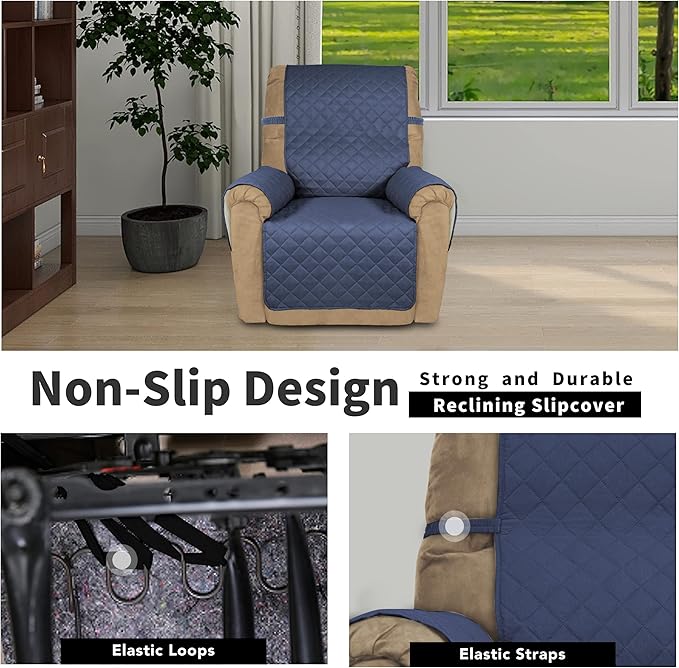 Easy-Going Recliner Chair Slipcovers Reversible Chair Sofa Cover Water Resistant Couch Cover Furniture Protector with Elastic Straps for Pets Dog (Recliner 22 inch, Dark Blue/Ivory)