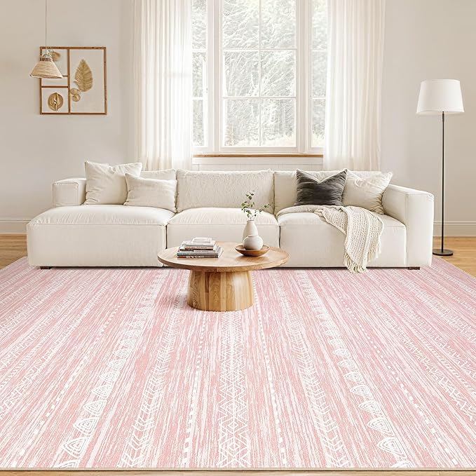 Nakagishi Pink Rugs for Bedroom Girls: 7x9 Washable Boho Large Neutral Cute Soft Area Rug Modern Indoor Floor Non Slip Accent Carpet for Living Room Nursery Kids Playroom Preppy Room Dorm Baby Room