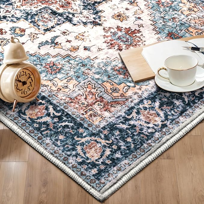 SERISSA Boho Washable Runner Rug, 2x6 Rug Non-Slip Vintage Blue Orange Hallway Kitchen Runner Rug Ultra Soft Print Distressed Tribal Floor Carpet for Bedroom Bathroom Laundry Room