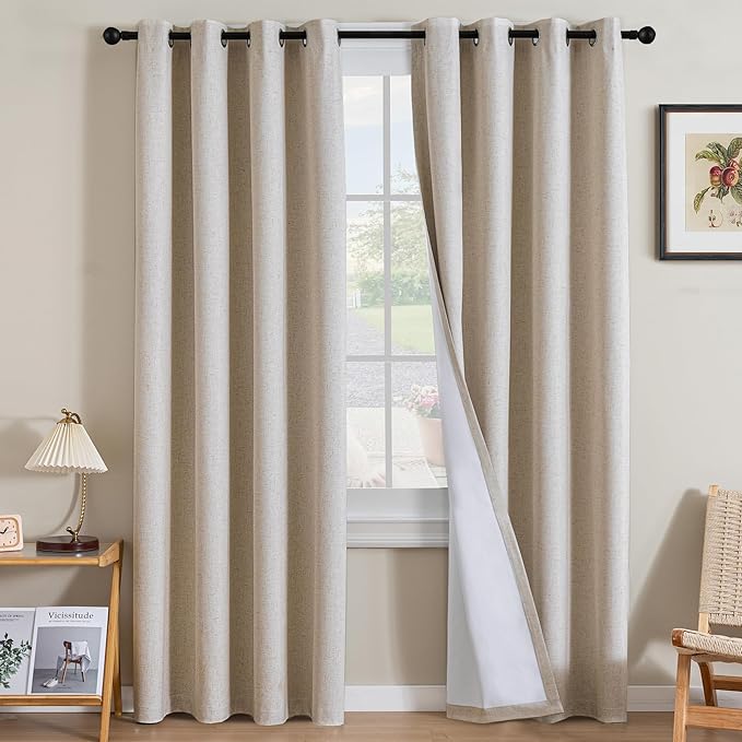 H.VERSAILTEX Linen Curtains 100% Blackout Curtains for Bedroom 108 inch Long Full Light Blocking Nature Linen Blended Window Curtains for Living Room Nickel Grommet (2 Panels, Heathered Natural)