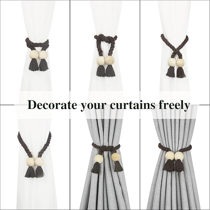 4 Pack Magnetic Curtain Tiebacks Cotton Hand Woven Tie Back Decorative Rope Holdbacks for Curtains Draperies No Tools Required, Coffee