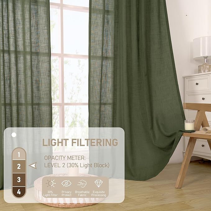 LAMIT Extra Wide Linen Curtains for Bedroom, Olive Green Light Filtering Faux Linen Textured Panels Semi Sheer Back Tab and Rod Pocket Boho Drapes for Living Room, 2 Panels, 60 x 84 Inch