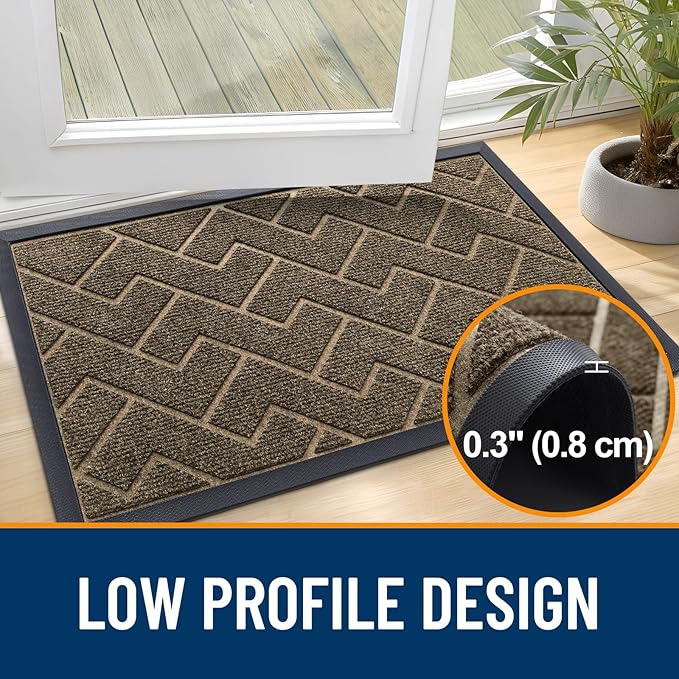 OLANLY Front Door Mat Indoor Outdoor Entrance, Waterproof All-Season, All-Weather Doormat, Sturdy Natural Rubber, Low Profile, Easy Clean Patio Porch Entryway Mat, Herringbone Brick (Brown, 71x23)