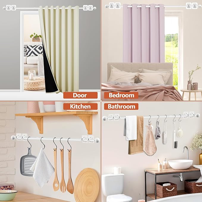 Curtain Rods No Drilling for Windows,5/8 Inch Diameter Drapey Pole with No Drill Curtain Rod Brackets (2PCS White, 30 to 45")