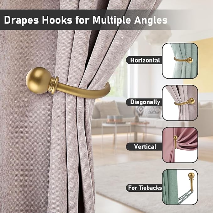 Sumnacon Set of 2 Decorative Curtain Holdbacks, Wall Mounted Aluminum Alloy Window Drapery Tiebacks for Bedroom, Livingroom Office Come with Screws, Gold