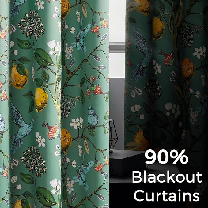 Topfinel Blackout Curtains 63 Inch Length 2 Panels, Cottagecore Tropical Forest Leaf Flower Hummingbird Lemon Patterned Energy Efficient Grommet Cute Green Drapery Treatment Nursery Classroom